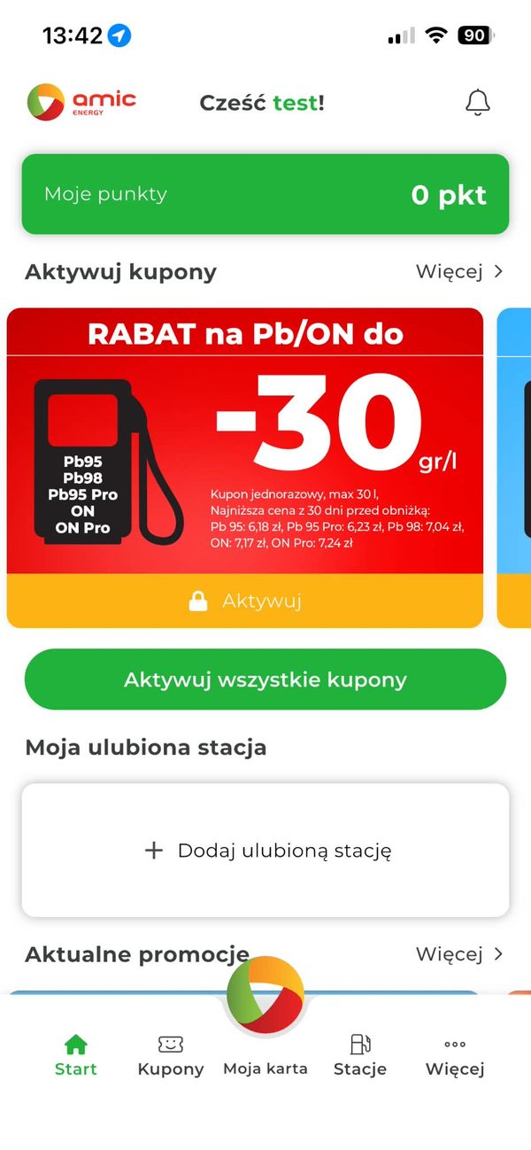 Ekran startowy z punktami i kuponami