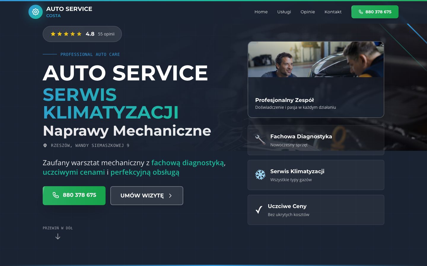 Hero strony Auto Serwis Costa