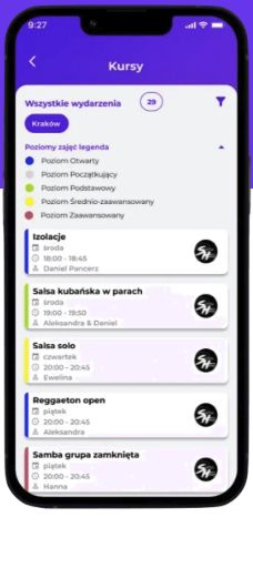 Ekran listy kursów z legendą poziomów