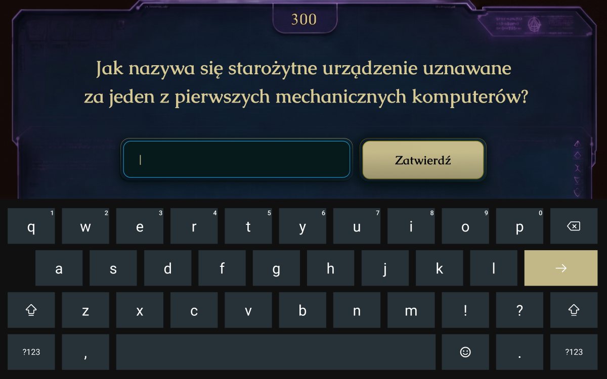 Zagadka z polem tekstowym i klawiaturą
